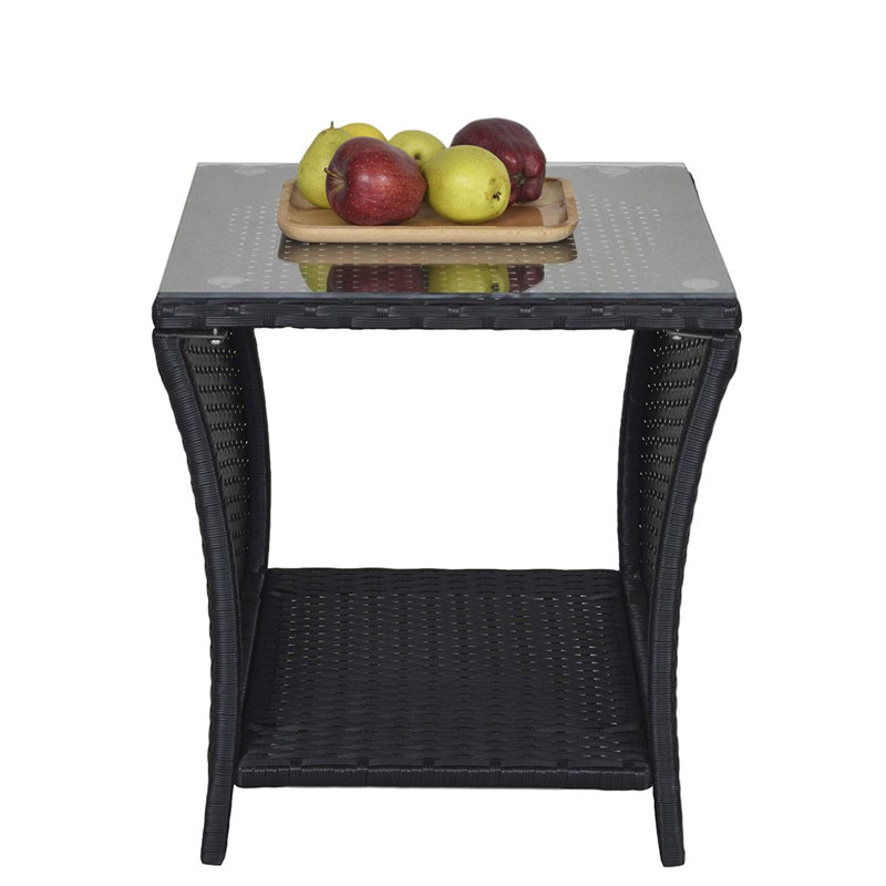 Winston Porter Outdoor Patio Wicker End Table Rattan Square Glass Top